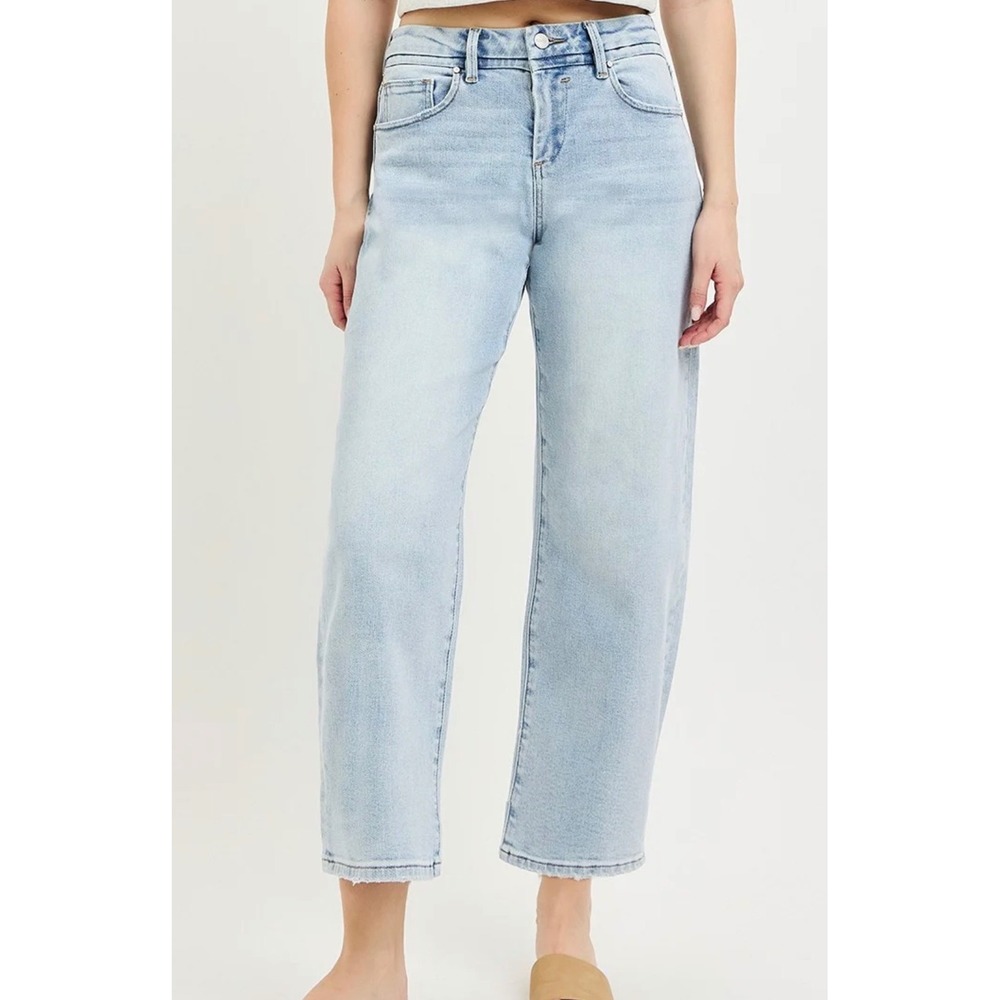 Risen Jeans Light Wash Wide Leg Cropped Denim